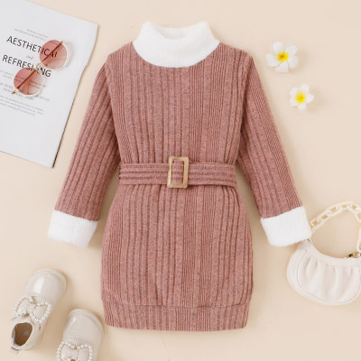 Toddler Girl Pure Cotton Turtle Neck Patchwork Long Sleeve Dress