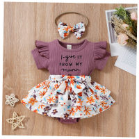 Baby and Toddler Letter Striped Flying Sleeves Flower Printed Skirt Romper  Purple