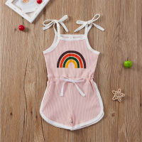 Girls' Clothing Korean Style Casual Rainbow Striped Vest Shorts One-Piece Set  Pink