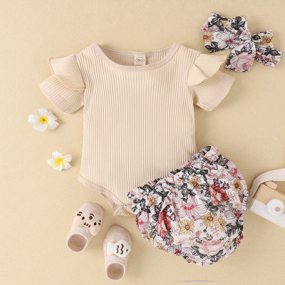 2-piece Baby Girl Solid Color Ribbed Short Fly Sleeve Romper & Floral Printed Shorts