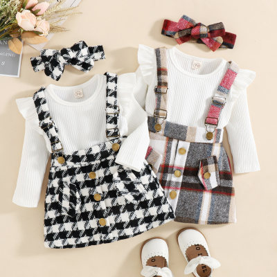 Brother and Sister Solid Color Long Fly Sleeve Top & Houndstooth Suspender Dress & Plaid Suspender Dress & Headwrap