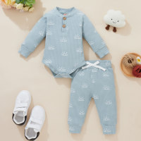 2-piece Baby Pure Cotton Allover Sun Pattern Long Sleeve Romper & Matching Pants  Blue