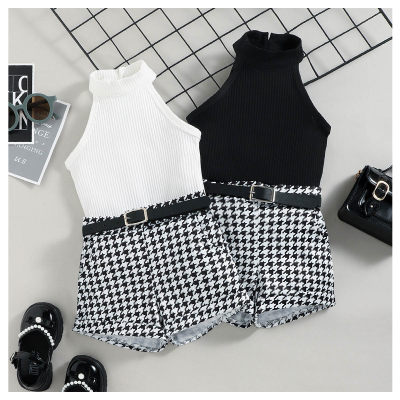 Two-color vest + houndstooth shorts