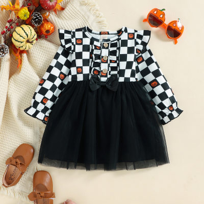 Toddler Halloween Plaid Long-sleeve Lace Mesh Dress