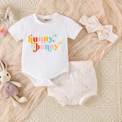 Body de 3 piezas con diseño de letras de Pascua para bebé niña, pantalones cortos de conejo y diadema