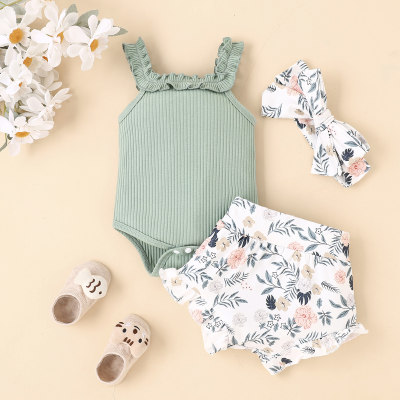 3-piece Baby Girl Solid Color Ruffled Sleeveless Romper & Allover Floral Printed Shorts & Headwrap
