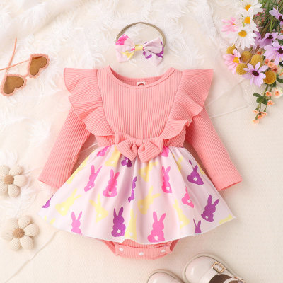 Vestido de manga larga y diadema con diseño de conejo de Pascua de 2 piezas para niña bebé