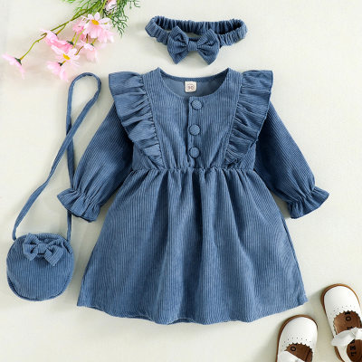 3-piece Toddler Girl Corduroy Solid Color Ruffled Button Front Long Sleeve Dress & Bowknot Headwrap & Bowknot Decor Crossbody Shoulder Bag