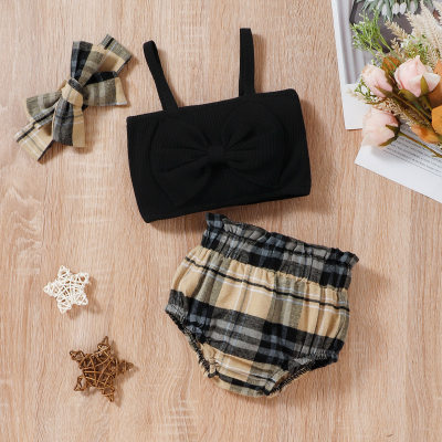 Black suspenders + plaid shorts three-piece set