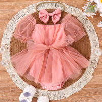 Baby Girl Solid Color Puff Sleeve Mesh Skirt Romper + Headscarf  Pink