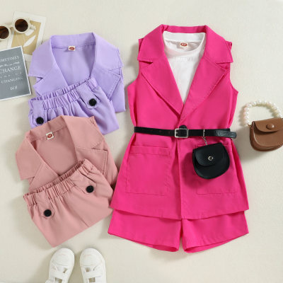 Toddler Solid Color Lapel Sleeveless Top & Shorts With Belt