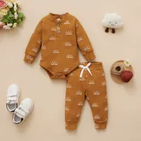 2-piece Baby Pure Cotton Allover Sun Pattern Long Sleeve Romper & Matching Pants  Coffee