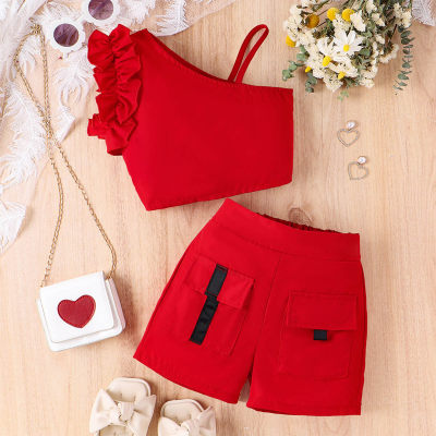 Rotes schulterfreies Camisole-Top + Shorts