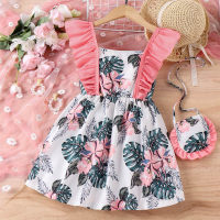 Sommerliches Kinderkleid mit Blattdruck + Tasche  Blumenfarbe