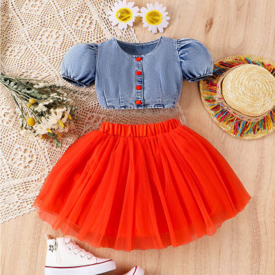 Denim top + orange skirt