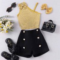 New summer children's oblique shoulder sling bow top buttoned shorts trendy girl suit  Yellow