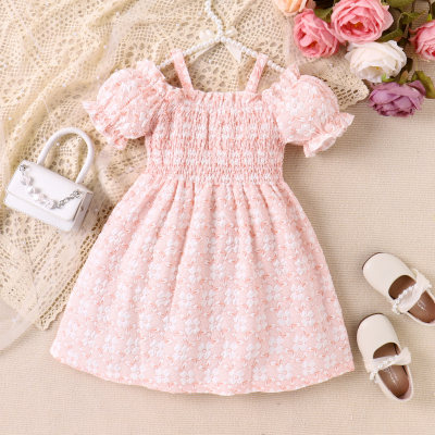 Toddler Girl Solid Color Jacquard Short Puff Sleeve Dress
