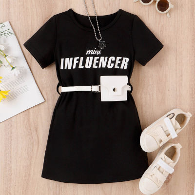 Mini Influencer تي شيرت أسود تنورة طويلة + حقيبة خصر