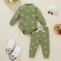 2-piece Baby Pure Cotton Allover Sun Pattern Long Sleeve Romper & Matching Pants  Green
