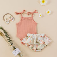 Four-sided elastic shorts + striped suspender top  Pink