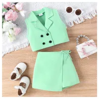 Children's Korean style multi-color vest suit + short skirt  Green