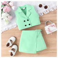 Traje de chaleco multicolor de estilo coreano para niños + falda corta  Verde