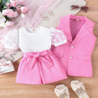 Summer children's suit vest + white top + shorts three-piece set  Pink