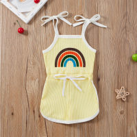 Girls' Clothing Korean Style Casual Rainbow Striped Vest Shorts One-Piece Set  Yellow