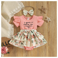 Mameluco con falda con estampado de flores y mangas voladoras a rayas con letras para bebés y niños pequeños  Rosado