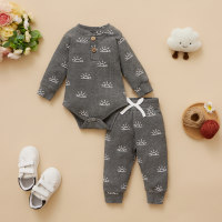 2-piece Baby Pure Cotton Allover Sun Pattern Long Sleeve Romper & Matching Pants  Deep Gray