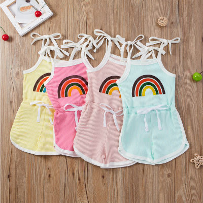 Girls' Clothing Korean Style Casual Rainbow Striped Vest Shorts One-Piece Set