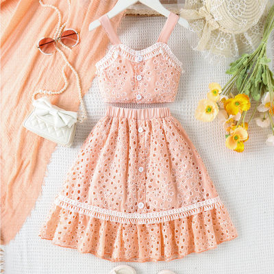Girls' new summer suit: suspender top with hollow design + two pieces of hollow long skirt