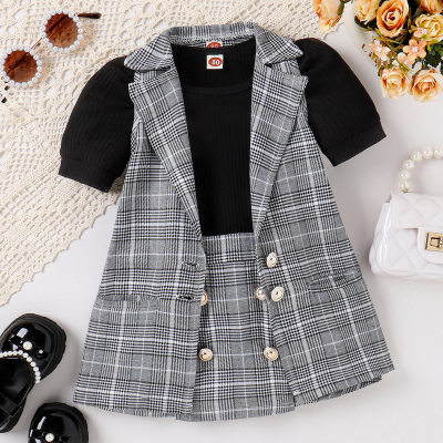 3-piece Toddler Girl Solid Color Ribbed T-shirt & Plaid Lapel Button-up Vest & Matching Skirt