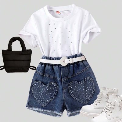 European and American trendy children's white beaded T-shirt + heart diamond short jeans