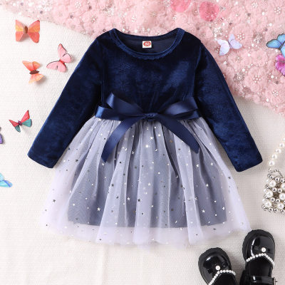 Toddler Girl Sequin Decor Mesh Patchwork Long Sleeve Dress