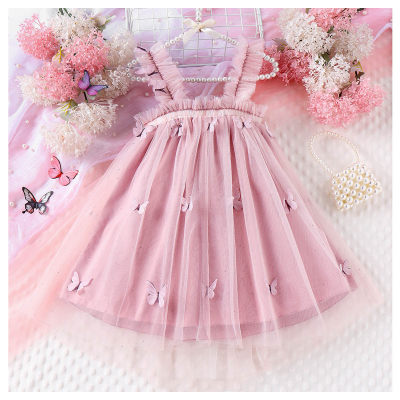 Vestido con top de tubo de malla de mariposa con borde de encaje de flores y tirantes rosa
