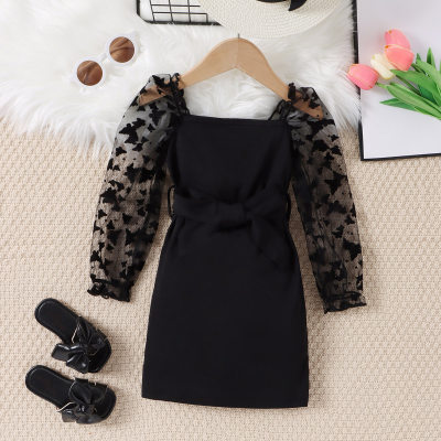 2-piece Toddler Girl Solid Color Lace Spliced Square Neck Long Sleeve Dress