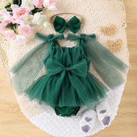Infant and Toddler Mesh Suspender Skirt Bowknot Multicolor Tie-up Skirt Mesh Romper  Green