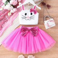 Cat face pattern top + rose red skirt  Hot Pink