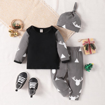 T-shirt color block da 3 pezzi per neonato, pantaloni e cappello con motivo cervo