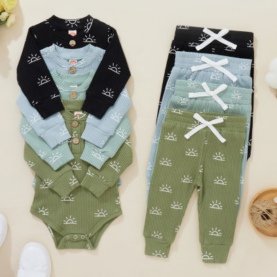 2-piece Baby Pure Cotton Allover Sun Pattern Long Sleeve Romper & Matching Pants