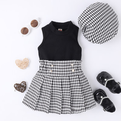 3-piece Toddler Girl Pure Cotton Solid Color Ribbed Vest & Plaid Pleated Skirt & Matching Beret