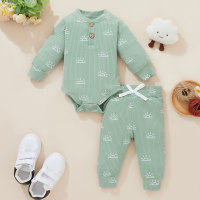 2-piece Baby Pure Cotton Allover Sun Pattern Long Sleeve Romper & Matching Pants  Light Green