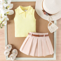 Multicolor Striped Lapel Vest Top + Pleated Skirt  Yellow