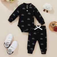 2-piece Baby Pure Cotton Allover Sun Pattern Long Sleeve Romper & Matching Pants  Black