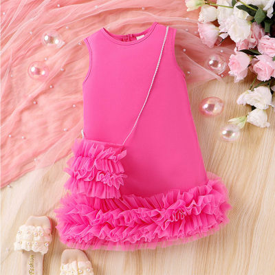 فستان صيفي للفتيات وردي بحقيبة كروس
