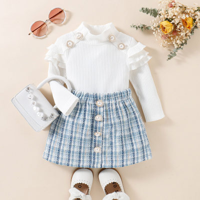 2-piece Toddler Girl Pure Cotton Ribbed Ruffled Bead Decor Top & Plaid Elasticized Skirt