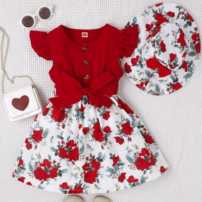 3-piece Toddler Girl Floral Printed Patchwork Button Front Fly Sleeve Dress & Bowknot Belt & Matching Hat