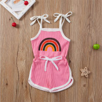 Girls' Clothing Korean Style Casual Rainbow Striped Vest Shorts One-Piece Set  Rose red