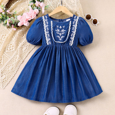 Toddler Girl Floral Printed Lace Spliced Short Sleeve Dress